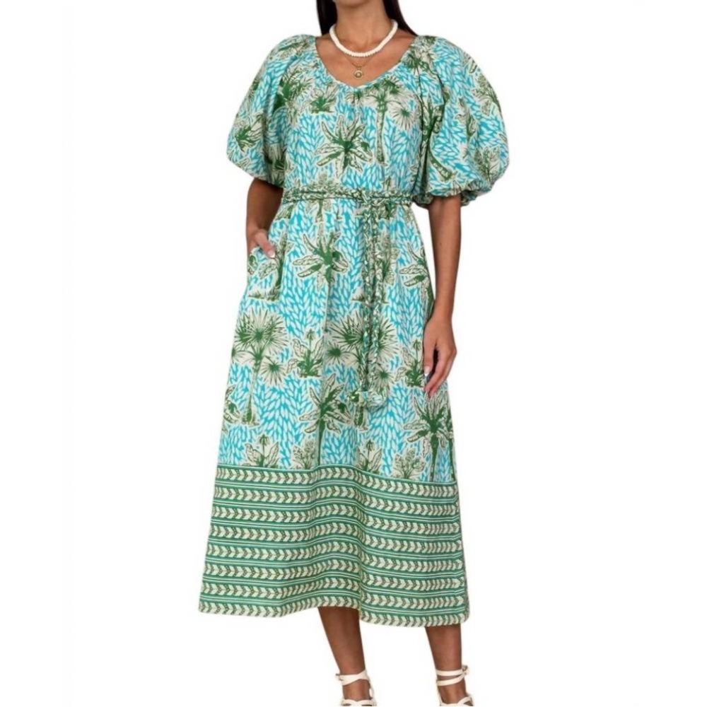 OLIVIA JAMES Green Penny Island Palm Patterned Midi Dress size XS - Picture 2 of 11